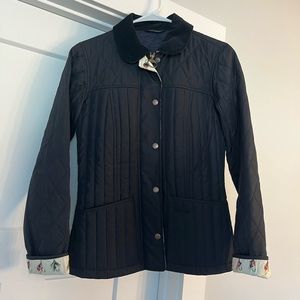 Barbour quilted coat with fly fishing pattern